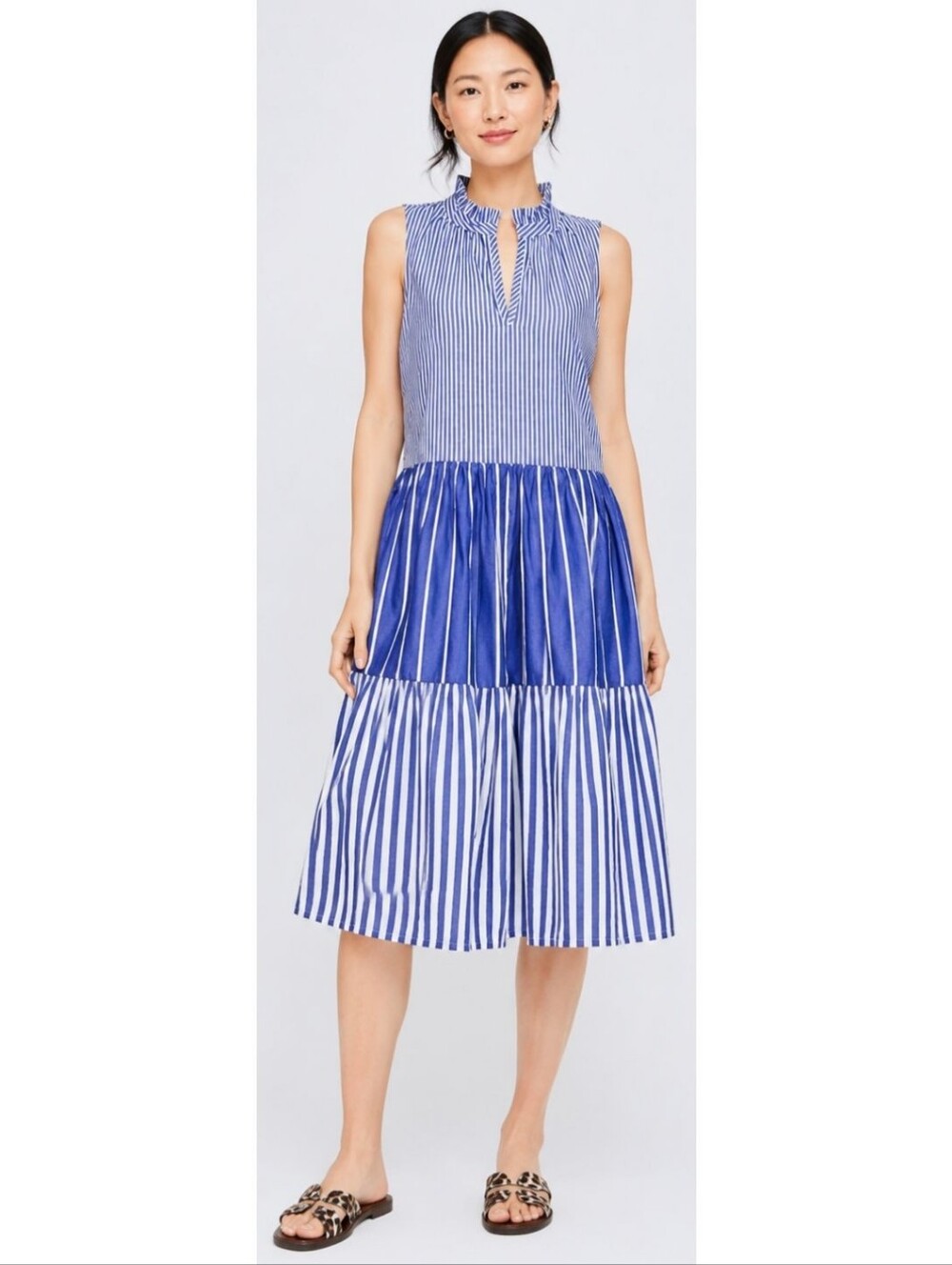 J Crew Striped Tiered A Line Dress Blue White Sleeveless Classic Quiet Luxury